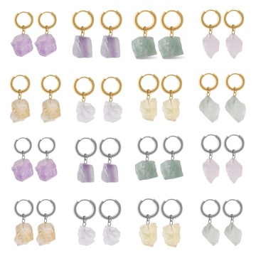 Pendiente de piedra de cristal Natural en bruto, pendiente de cristal en bruto con piedras preciosas, pendientes colgantes de aro de acero inoxidable para boda de mujer