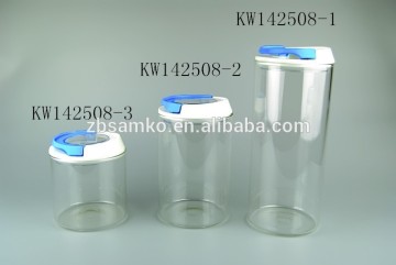 Popular daily clear glass storage jar with a plastic handle lid