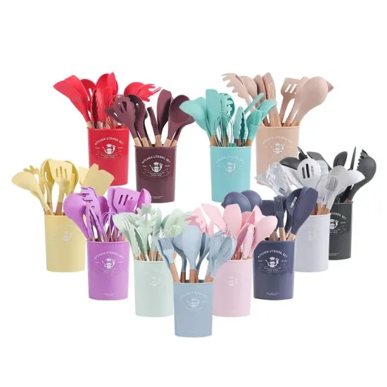 12-Piece Handles Utensil Set: Comprehensive Kitchen Accessories and Cooking Tools including Spatulas, Wooden and Silicone Handles - Wholesale Available
