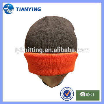 fluorescent orange plain cuff two tone beanie hat