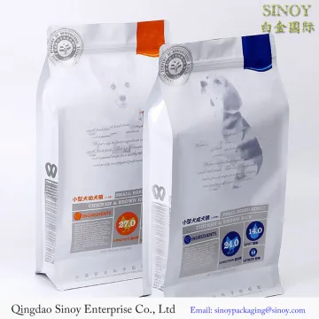 Custom printing dog cat pet food packaging bag eight side sealing flat bottom bag stand up pet snack pouch with zipper