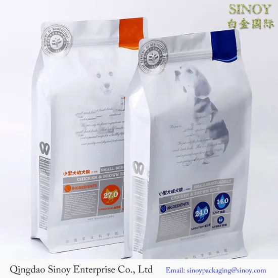 Custom printing dog cat pet food packaging bag eight side sealing flat bottom bag stand up pet snack pouch with zipper