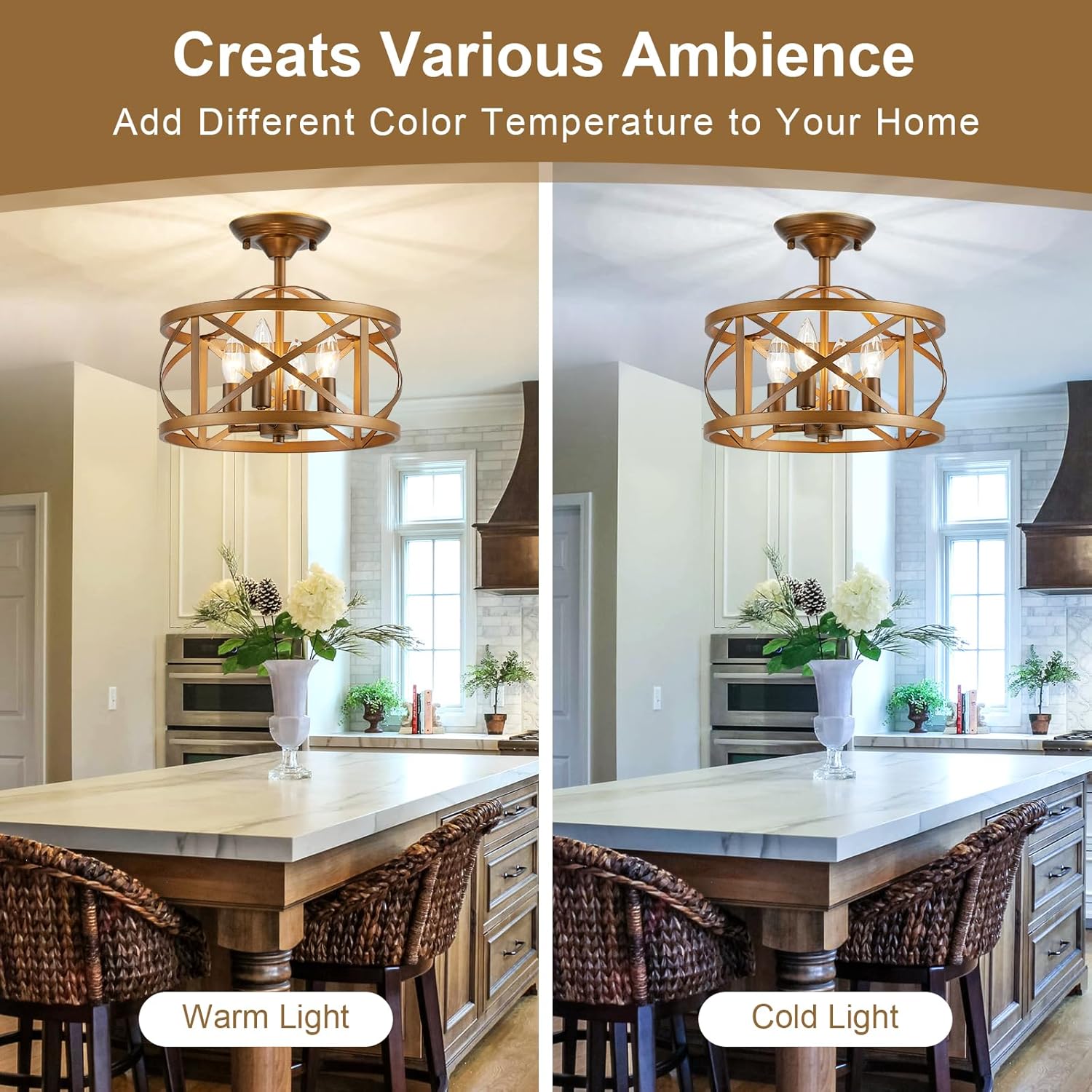 Rustic Vintage Farmhouse 4-Light Bronze Semi Flush Mount Ceiling Light With Metal Cage (4)