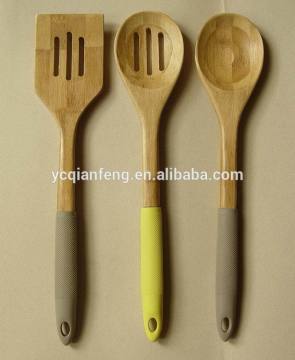 Wood Utensils 3-Pieces Set, Made of Bamboo with Silicone sleeve Handle