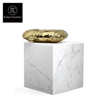 Elegant White Marble Side Tables with Copper Accents for Living Room