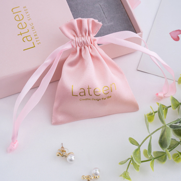 Pink Satin Drawstring Jewelry Pouch Bag with Logo for Fashion Jewelry Packaging