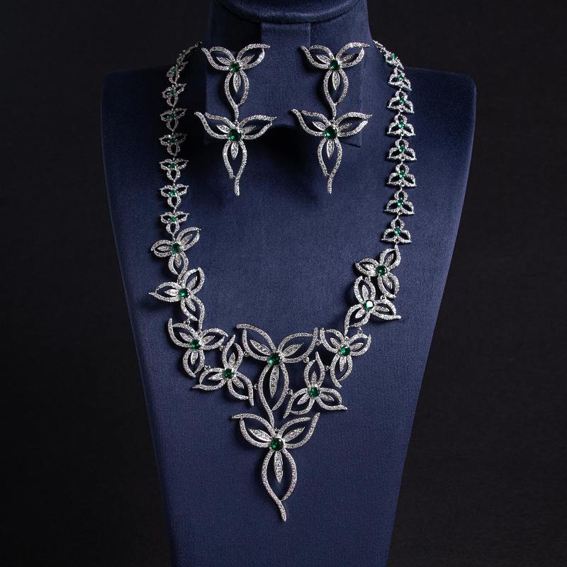 Openwork Floral Vine CZ Bridal Necklace Earring Set