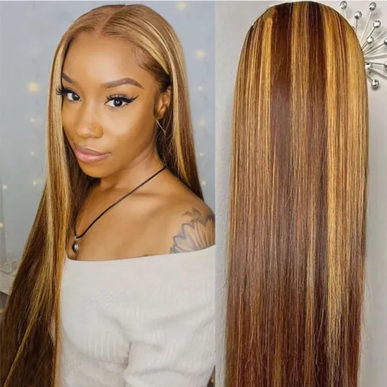 Wholesale 4/27 Highlight Straight Wig With 4x4 Lace Front Brazilian Human Hair Wigs Honey Blonde 150 Density Ombre Remy Wigs