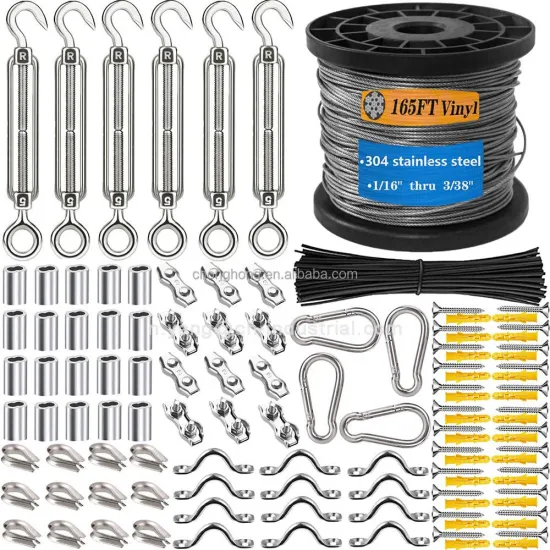 M5 Stainless Steel 304 Hook and Eye Turnbuckle: Heavy Duty Tension Wire Kit with Vinyl Coated Steel Wire Cable Rope - 165FT