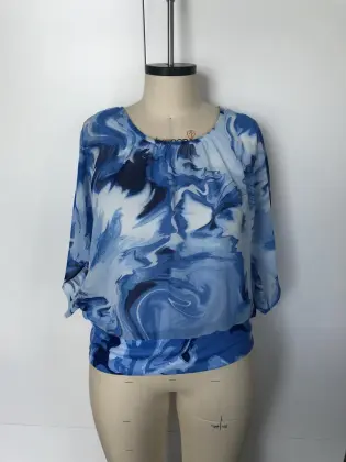 Tie-dyed chiffon top with round collar