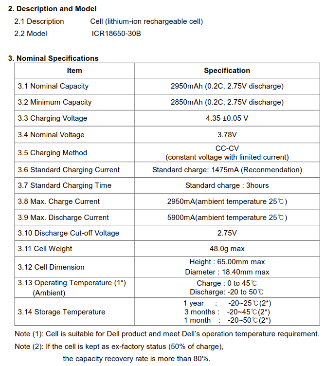 Samsung ICR18650 30b datasheet