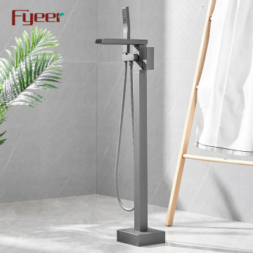 Fyeer Gun Grey Waterfall Free Standing Square Bathtub Shower Faucet