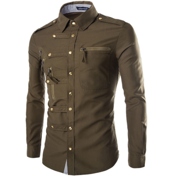 Hot Sell Men's Double Breasted Slim Fit Army Green Formal Shirt for Work