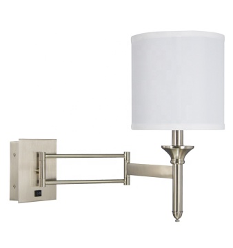 Modern Nickel Metal Swing Arm Wall Sconce Light - Adjustable Bedroom & Hotel Guestroom Lamp with Plug