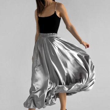 2024 Autumn Silver Pleated High Waist Long Skirt - Women's Streetwear Party Fashion Skirts