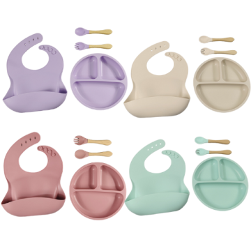 Christmas Gift Box: 4-Piece Silicone Bib & Cutlery Set with Suction Cup, Spoon, Fork and Waterproof Wooden Handle