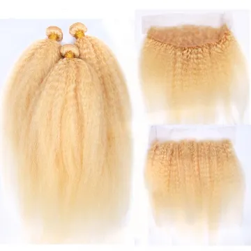 613 Blonde Bundles With Frontal Brazilian Kinky Straight Hair Bundles With Frontal Remy Blonde Human Hair Bundles with frontal