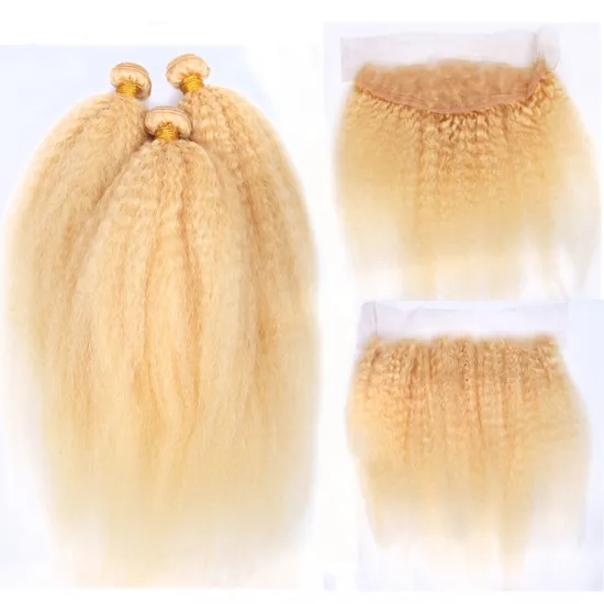 613 Blonde Bundles With Frontal Brazilian Kinky Straight Hair Bundles With Frontal Remy Blonde Human Hair Bundles with frontal
