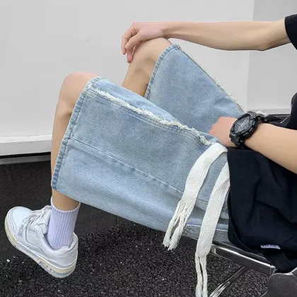 2024 Men's Summer Denim Shorts: Trendy American High Street Brand Youth Knee-Length Workwear Pants
