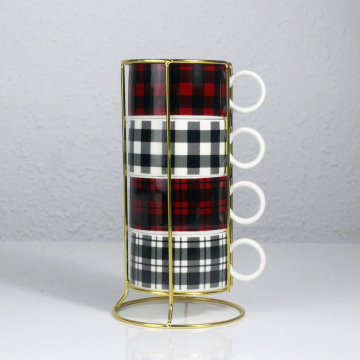 Ceramic Stackable Coffee Mug Set with Metal Stand