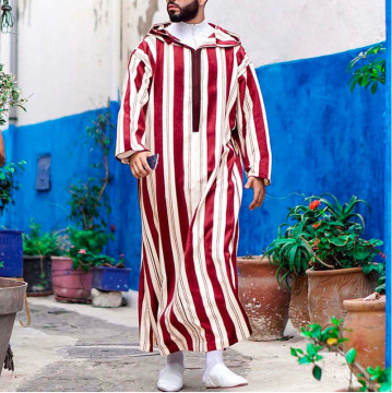 2025 IKF Top Quality Strip Morocco Men Thobe with Hoodie - Large Size Islamic Wear Robe