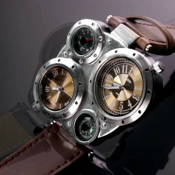 Oulm Luxury Men's Watch: A Stylish Double Time Zone Wristwatch with Leather Band and Compass Feature