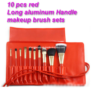 10PCS Red Long Aluminum Handle Cosmetic Brush Sets