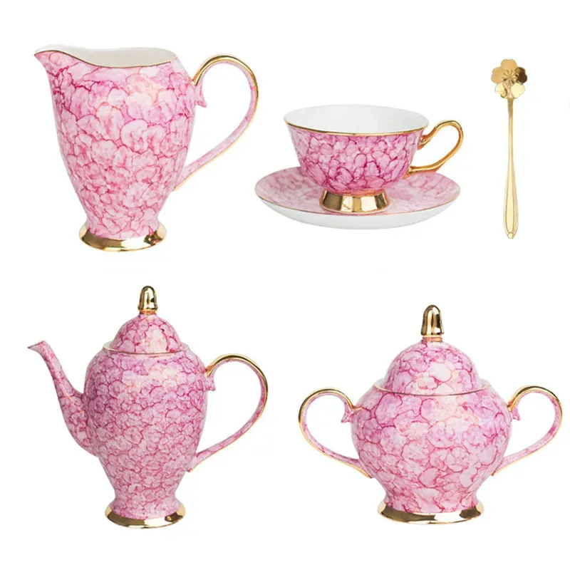 European Bone China Tea Set with Gemstone Blue and Pink Ceramic 15-Piece Coffee Cup Set