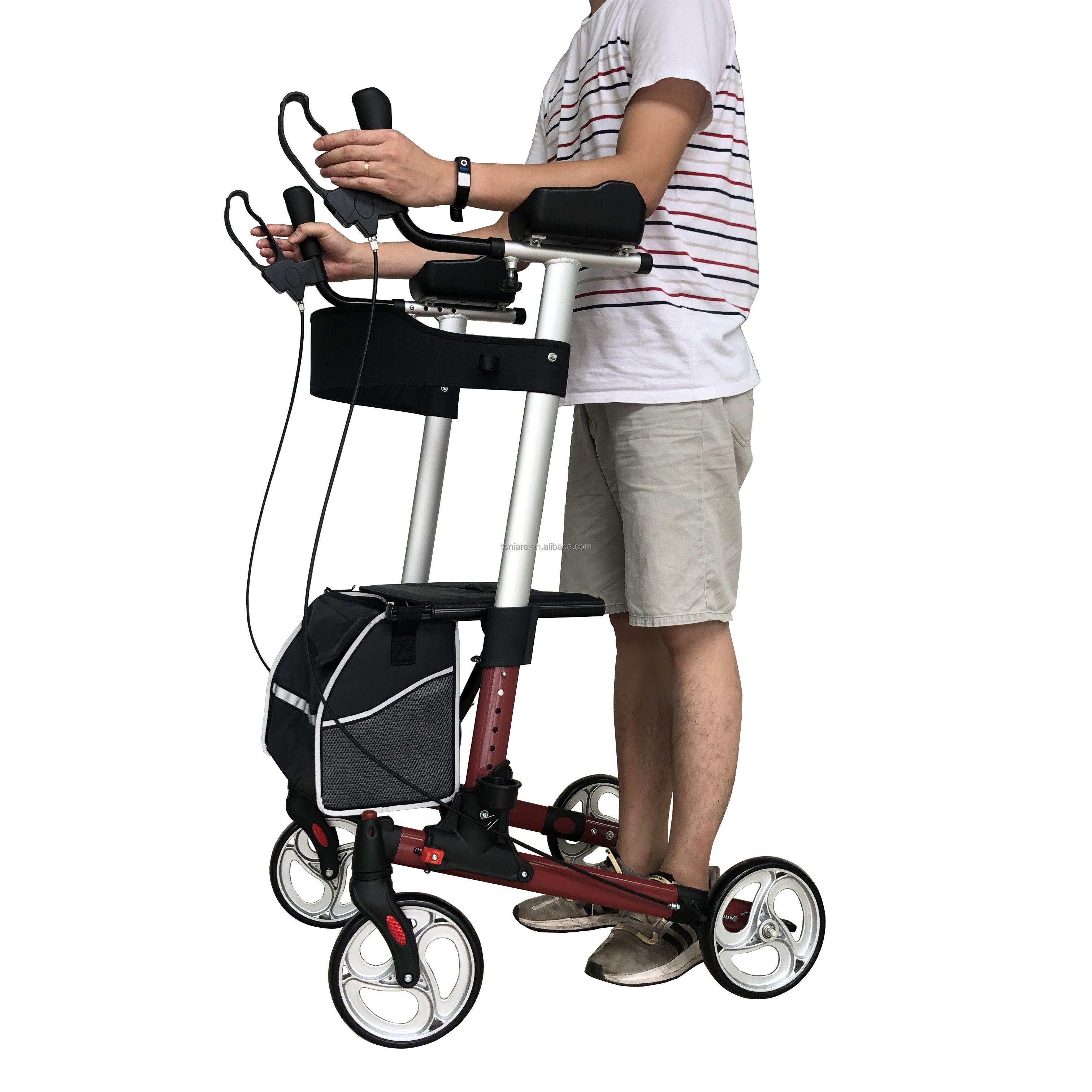 European Style Aluminum Upright Rollator Portable 4 Wheels Walker with Forearm and Shopping Bag for Elderly TRA03C Red