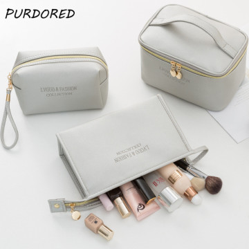 PURDORED 1 Pc Large Women Cosmetic Bag PU Leather Waterproof Zipper Make Up Bag Travel Washing Makeup Organizer Beauty Case