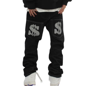 American Style Letter Printed Loose Straight Dark Black Jeans for Men