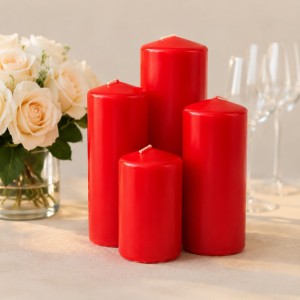 Red pillar candle set with roses and wine glasses, romantic decorative candles for wedding, anniversary and gift occasions