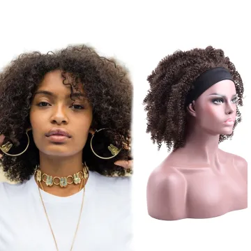 Cheap 14inch Cosplay Black Brown African Fluffy Short Wrap Hair Headband Pre-attached Scarf Afro Kinky Curly Synthetic Wigs