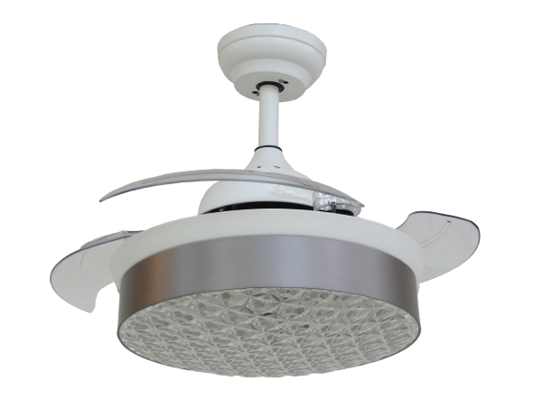 White Retractable Ceiling Fan with Silver Lampshade