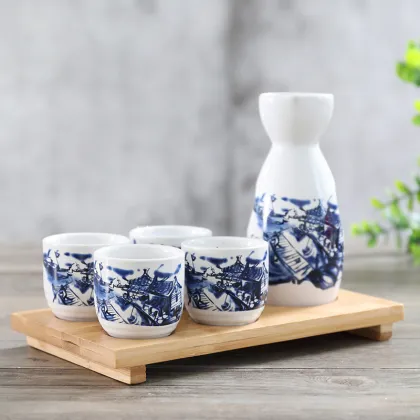 Japanese Ceramic Sake Set with Bamboo Tray