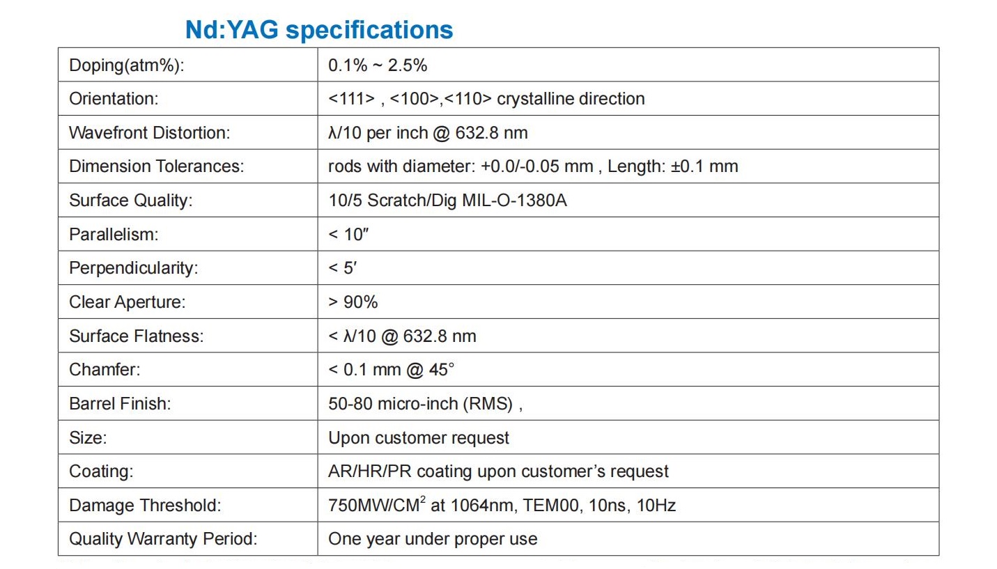 ND YAG özellikleri Nd Yag Specifications
