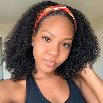 Accept Wig Boxes Custom Logo Packaging, 180% 4C Mongolian Afro Kinky Human Hair Wig, Raw Virgin Hair Head Band Wig