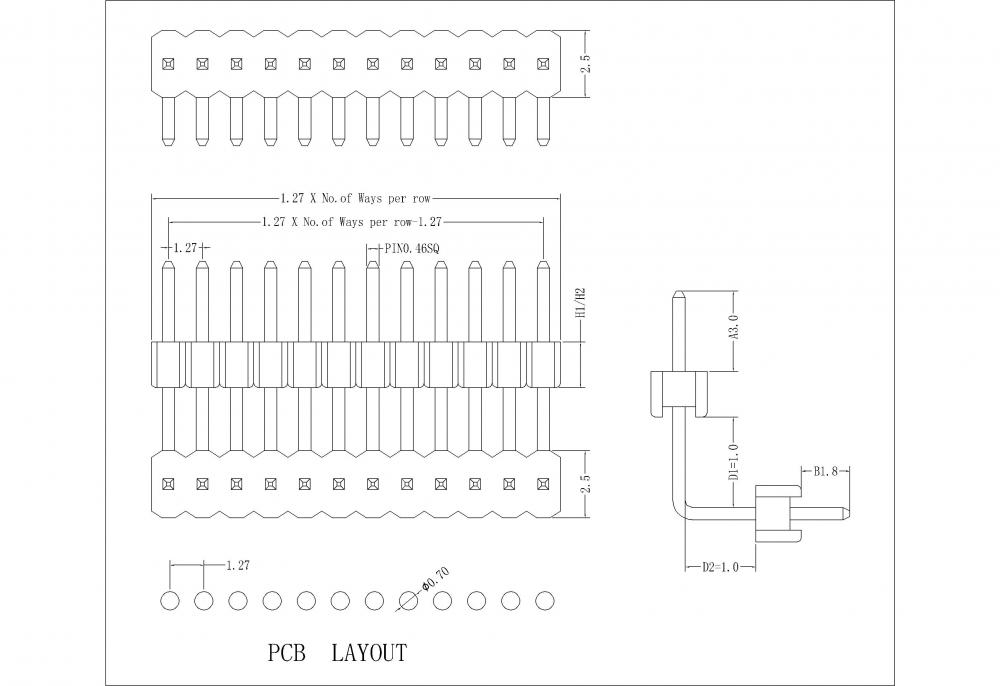 1.27mm (.050in) Pin Header Single Row Double Through Hole Right Angle