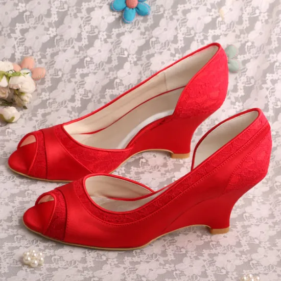 Peep Toe Lace and Satin Wedge Wedding Heels