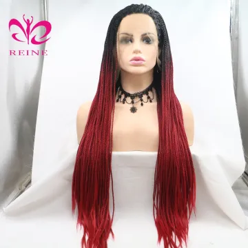 African American full box braided ombre  synthetic lace front wig 1b red box braid synthetic wig for black women
