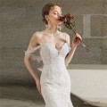 White Vestidos De Novia Capped Floor Length Lace Applique Backless beaded mermaid sleek wedding dress