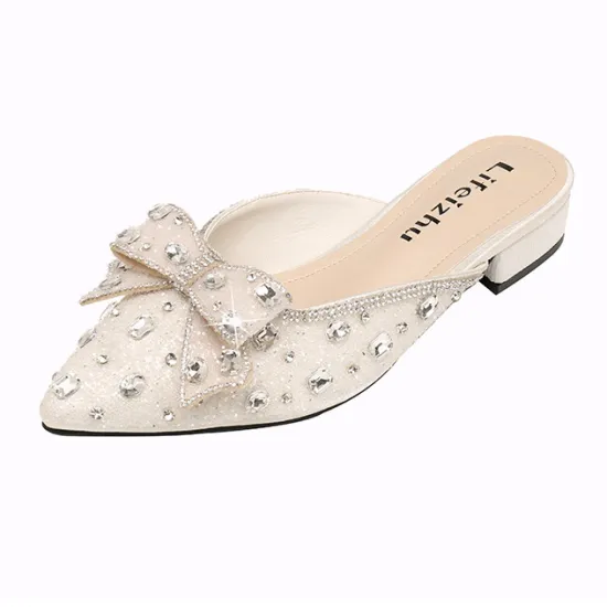 2024 Summer Women's Beach Shoes: Large Size, 3cm Thick Heel, Pointed Toe, Rhinestone Decorated Slippers