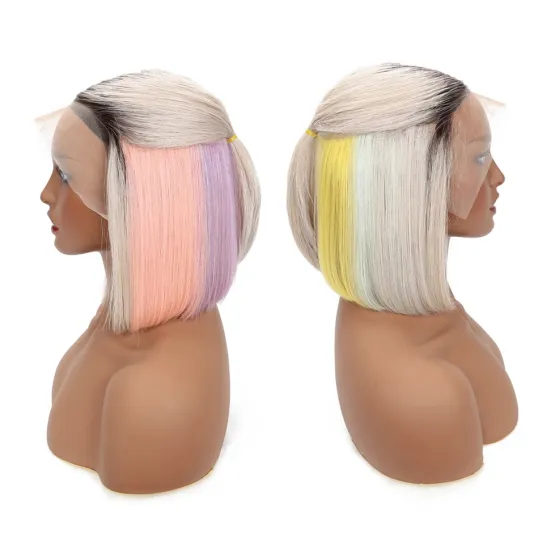 Peruvian Human Hair Bob Style Short 8 Inch Ombre Colorful Wigs 1b 613 Pink Blue Grey Hot Pink Neon Rainbow Purple HD Lace Front