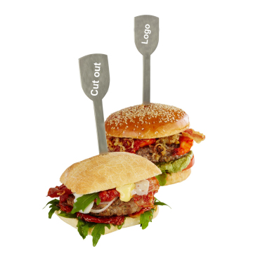 Laser Cut Metal Skewers with Custom Logo Engraving for Hamburger Brand Design