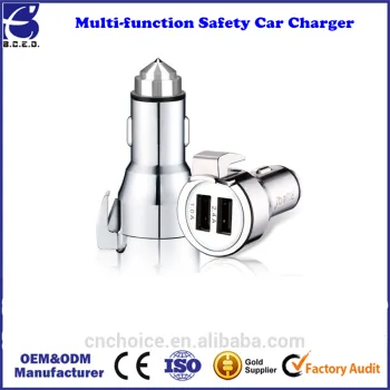 Multi-function Car Charger with Hammer Cutter for Emergency Dual Port USB Stainless Steel High Speed Car Charging