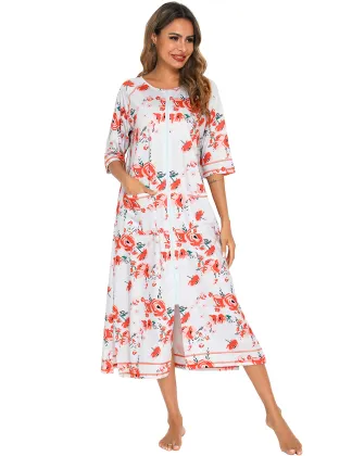 Women's Soft Zipper Front Robes: Autumn Nightgown Kimono Loungewear Maternity Pajamas