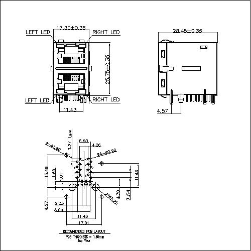 ATRT-6-B-A-X-002 RJ45 2X1 PORT WITH TRANSFORMER 100Mbps WITH LED