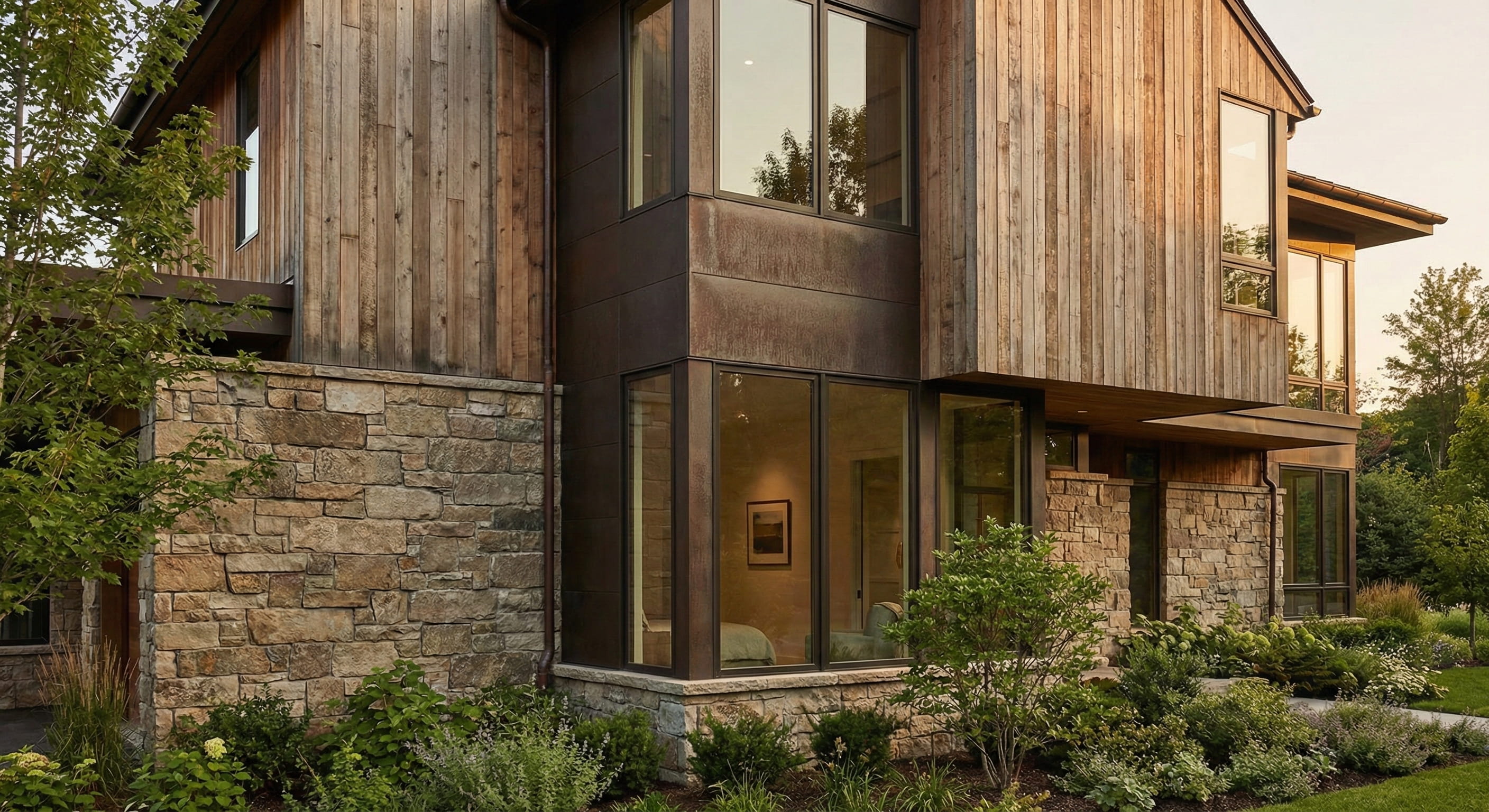 आधुनिक वास्तुशिल्प मुखौटा जिसमें बनावट वाली प्राकृतिक सामग्री और लकड़ी के अनाज एल्यूमीनियम प्रोफाइल शामिल हैं