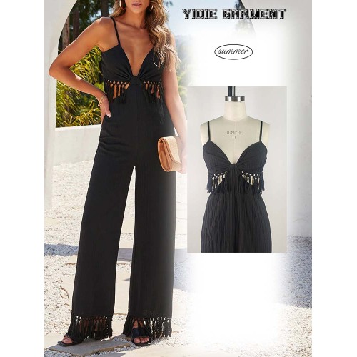 Black Tassel Fringes Open Back Wide Leg Jumpsuit