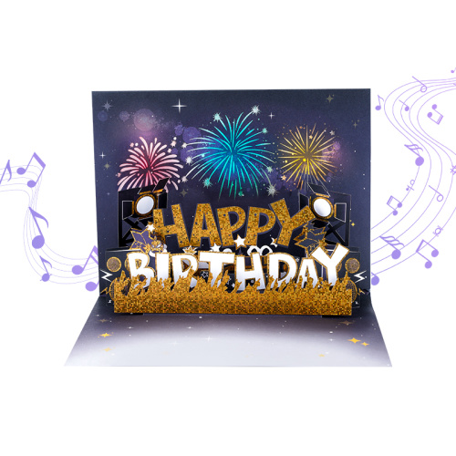 Tarjeta de cumpleaños con iluminación musical de fuegos artificiales en 3D